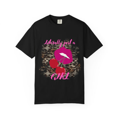 Graphic T-Shirt — "Literally Just a Girl" Pink Lips & Cherries Tee