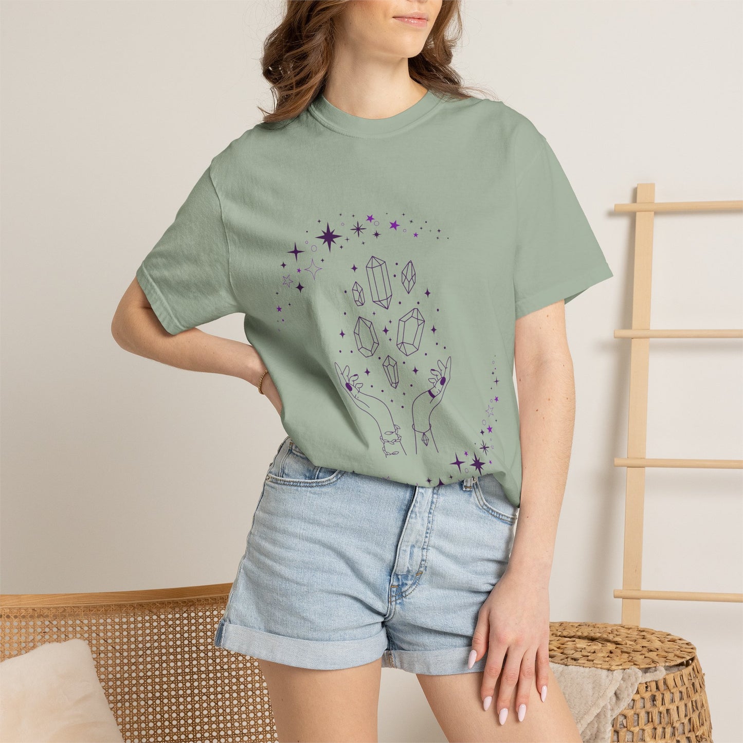 Crystal Reading T-Shirt — Mystical Hands, Floating Crystals & Stars Tee