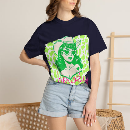 Howdy Cowgirl Graphic T-Shirt — Retro Neon Green Leopard Print with “howdy” Script