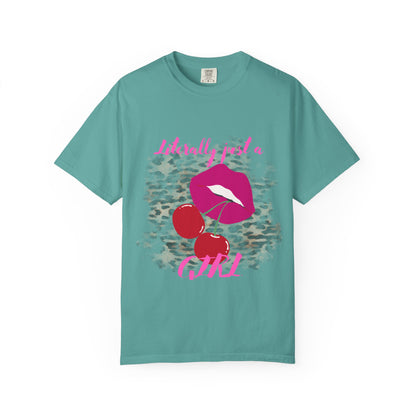Graphic T-Shirt — "Literally Just a Girl" Pink Lips & Cherries Tee