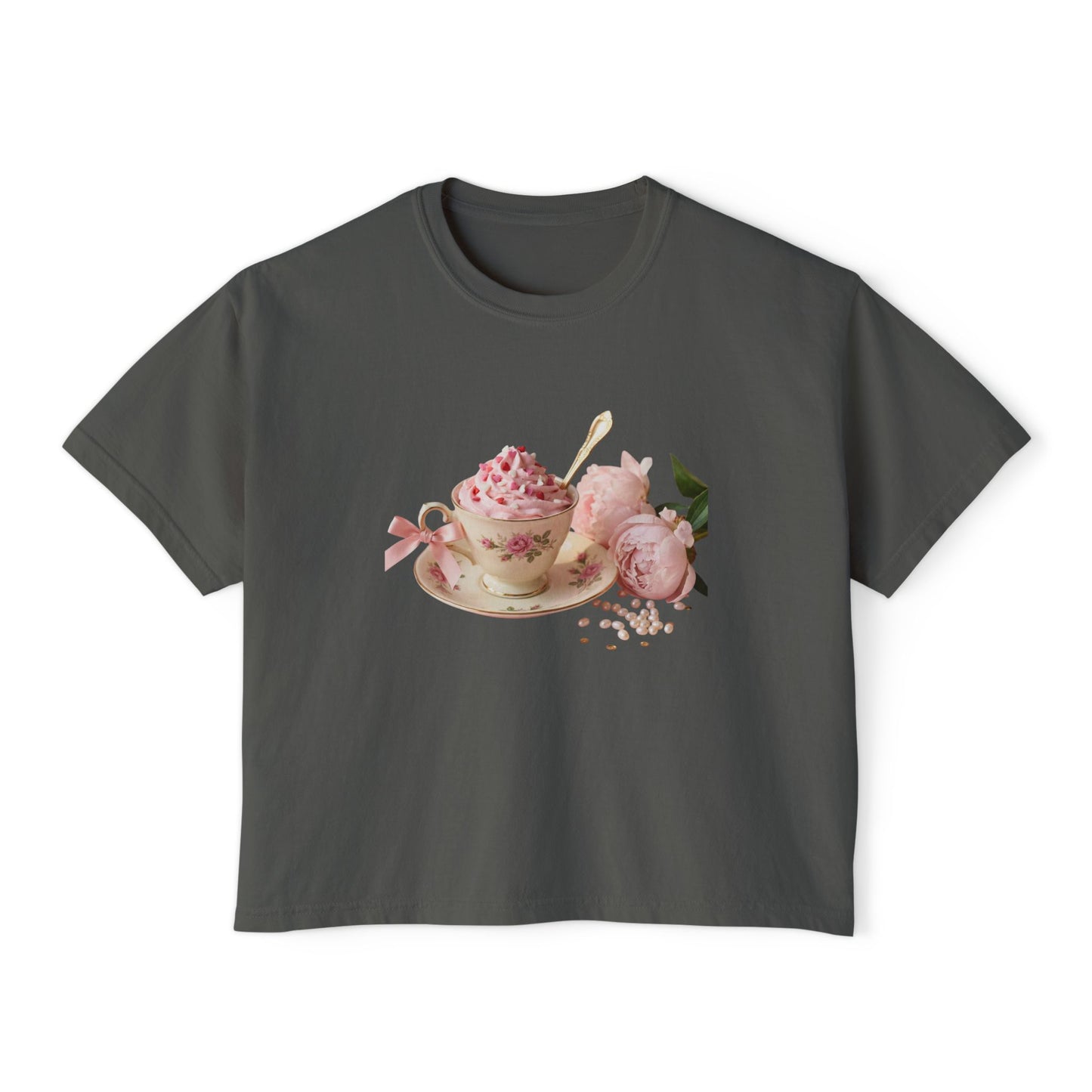 Vintage Teacup & Roses Boxy Tee — Floral Tea Party Graphic Shirt