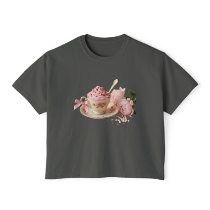 Vintage Teacup & Roses Boxy Tee — Floral Tea Party Graphic Shirt