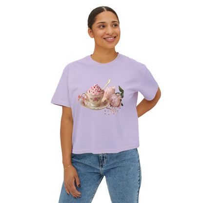 Vintage Teacup & Roses Boxy Tee — Floral Tea Party Graphic Shirt