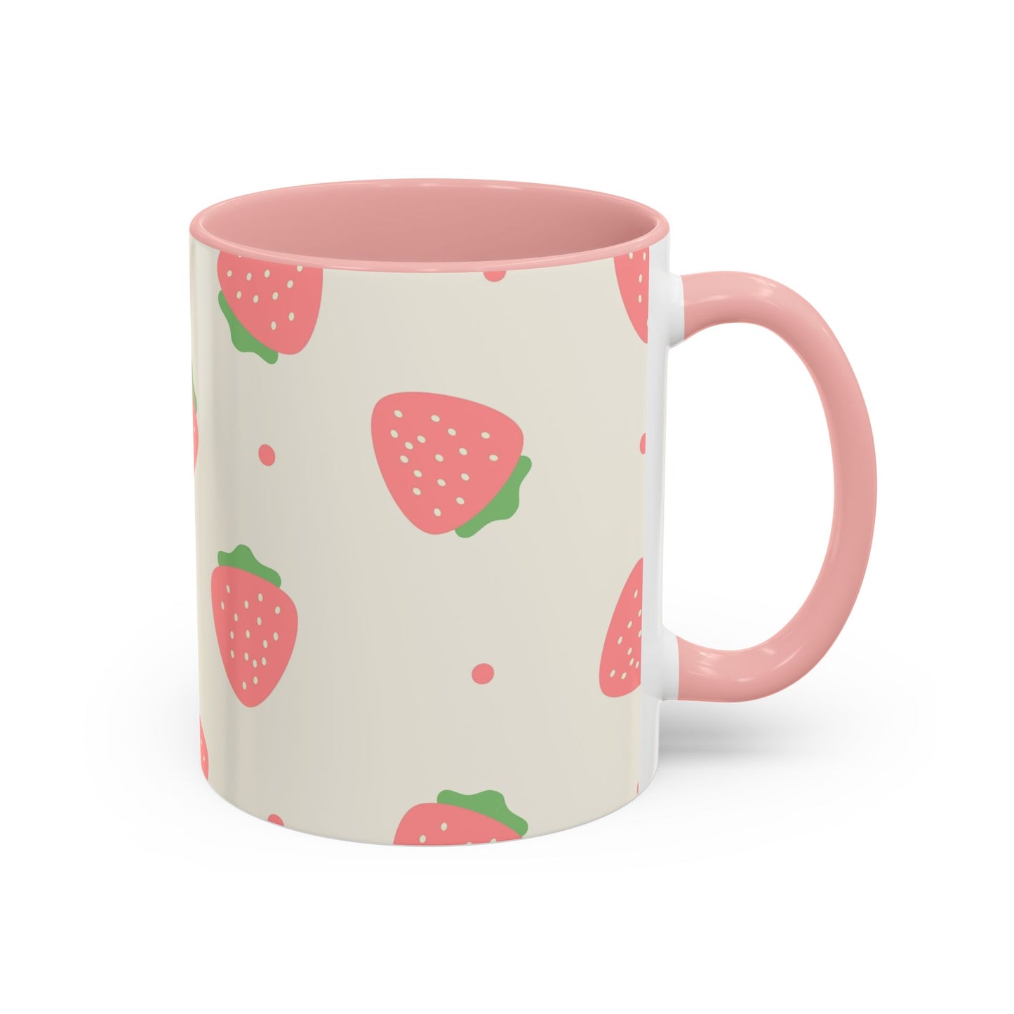 Strawberry Pattern Accent Coffee Mug — Cute Pink Fruit Ceramic Mug (11/15oz)