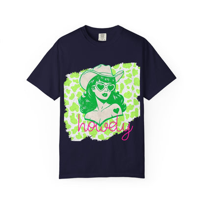 Howdy Cowgirl Graphic T-Shirt — Retro Neon Green Leopard Print with “howdy” Script