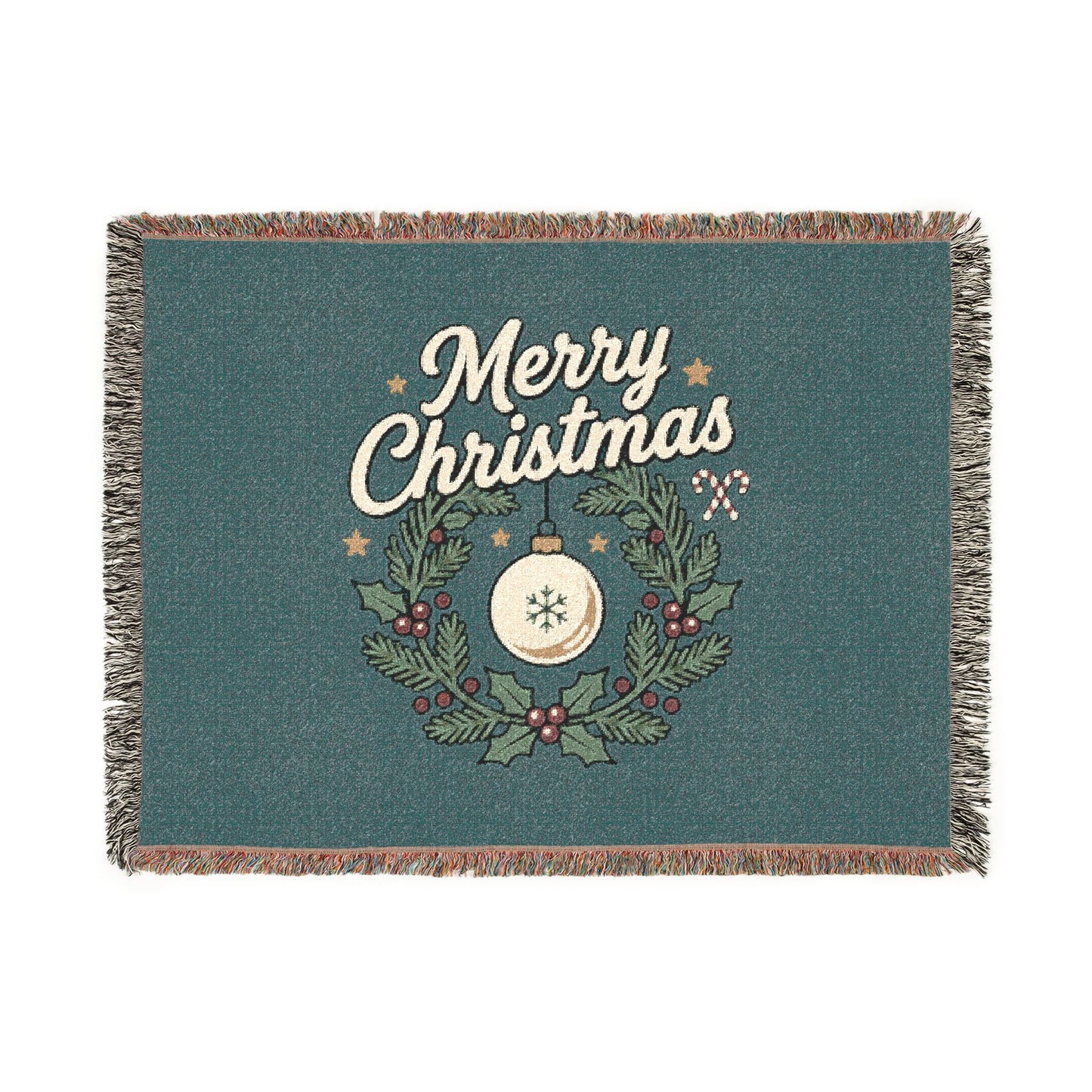 Merry Christmas Woven Throw Blanket — Holiday Wreath & Ornament Design