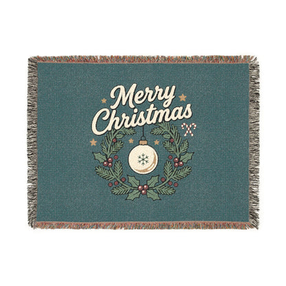 Merry Christmas Woven Throw Blanket — Holiday Wreath & Ornament Design