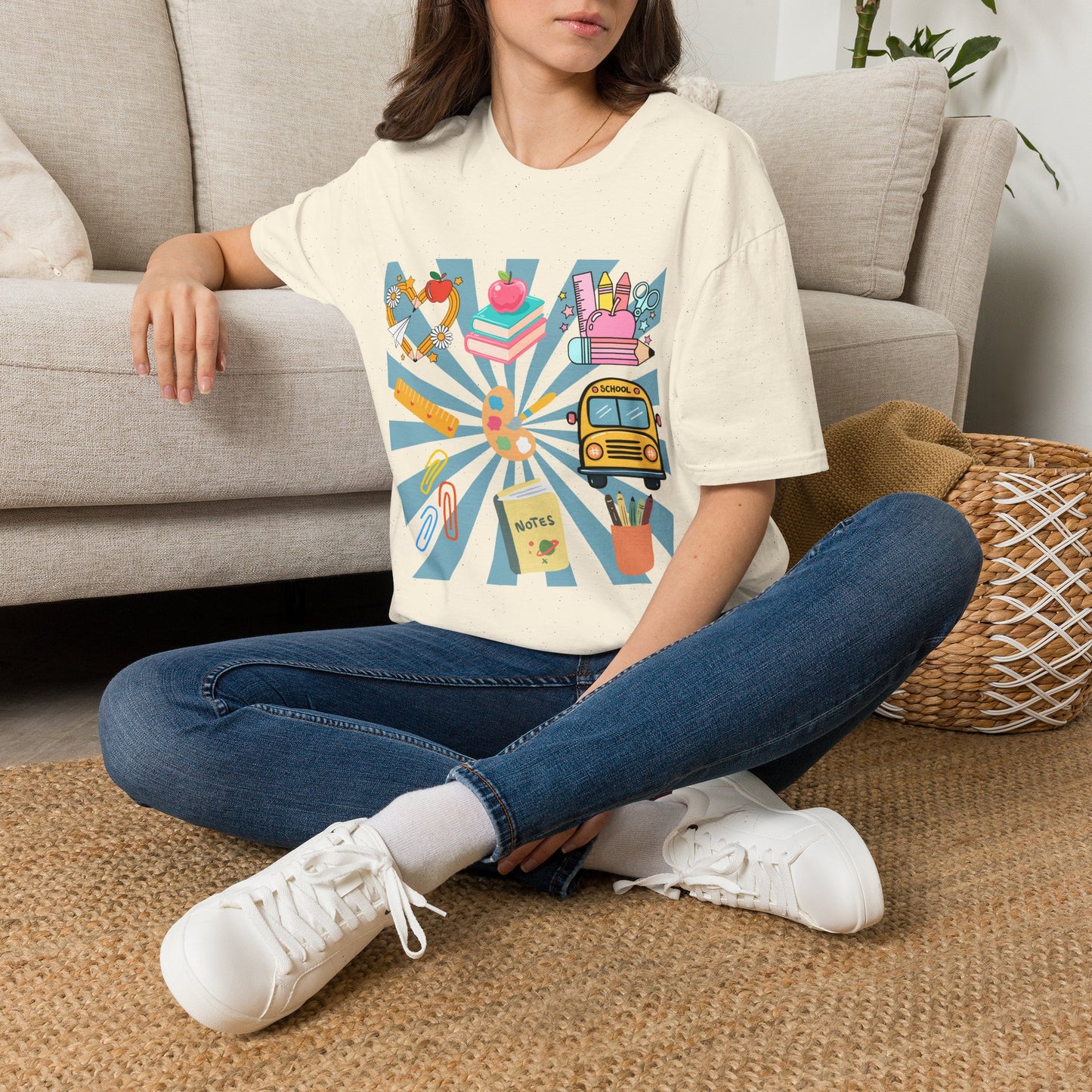 Back to School Graphic T-Shirt — Colorful School Icons (Apple, Bus, Books)