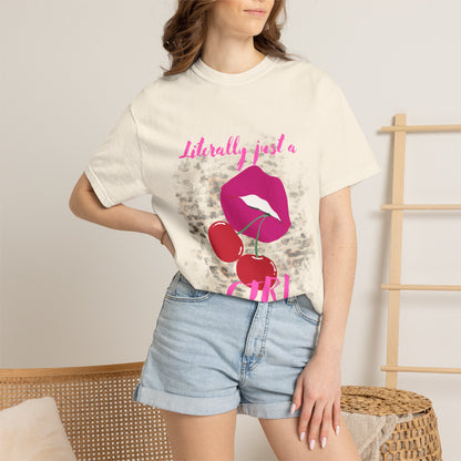 Graphic T-Shirt — "Literally Just a Girl" Pink Lips & Cherries Tee