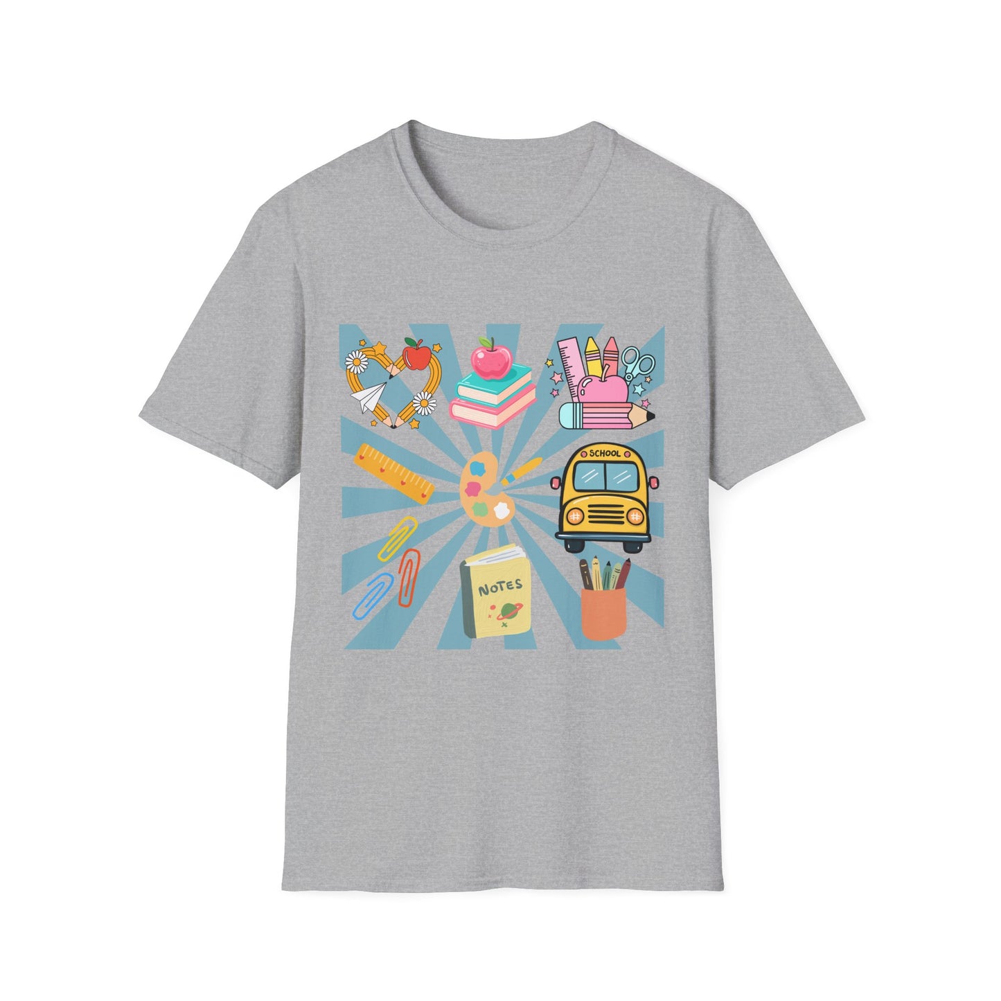 Back to School Graphic T-Shirt — Colorful School Icons (Apple, Bus, Books)