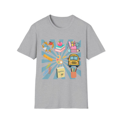 Back to School Graphic T-Shirt — Colorful School Icons (Apple, Bus, Books)