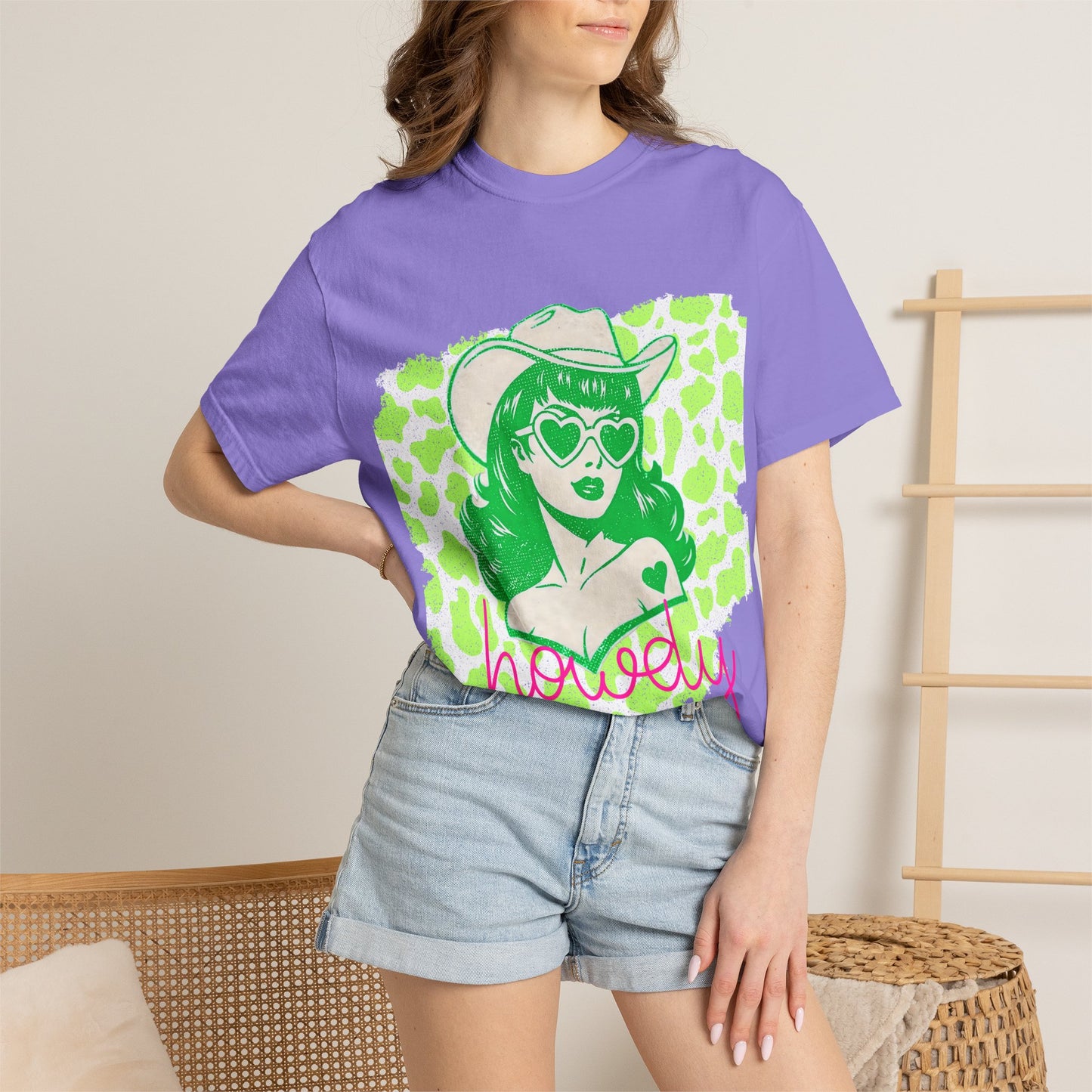 Howdy Cowgirl Graphic T-Shirt — Retro Neon Green Leopard Print with “howdy” Script