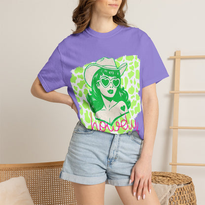 Howdy Cowgirl Graphic T-Shirt — Retro Neon Green Leopard Print with “howdy” Script