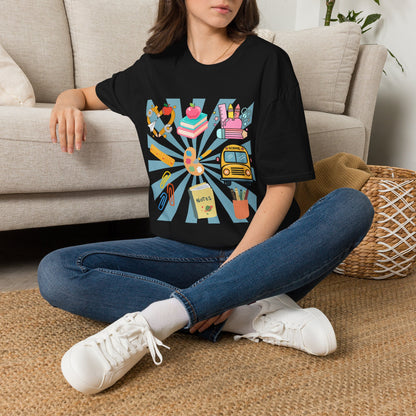 Back to School Graphic T-Shirt — Colorful School Icons (Apple, Bus, Books)