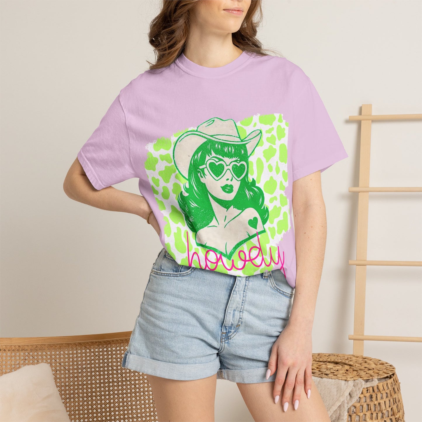 Howdy Cowgirl Graphic T-Shirt — Retro Neon Green Leopard Print with “howdy” Script
