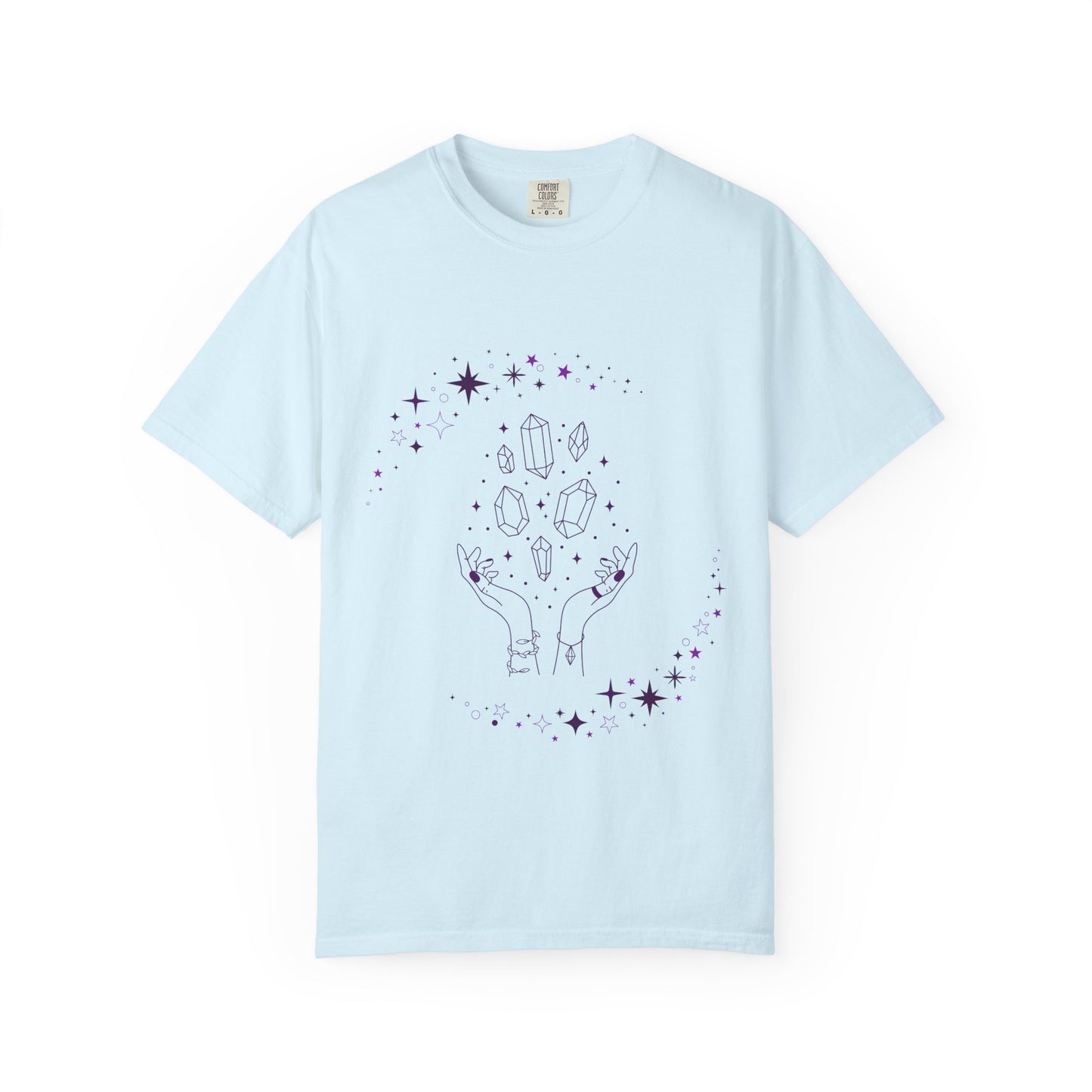 Crystal Reading T-Shirt — Mystical Hands, Floating Crystals & Stars Tee