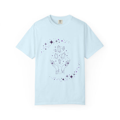 Crystal Reading T-Shirt — Mystical Hands, Floating Crystals & Stars Tee