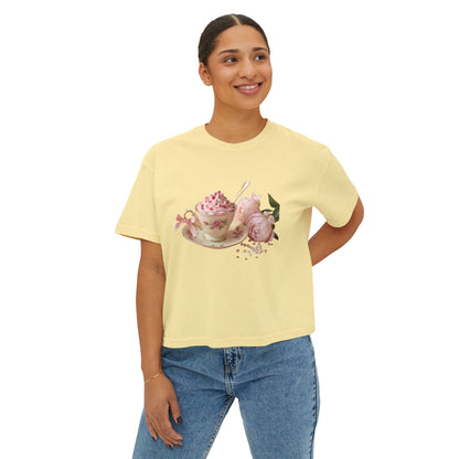 Vintage Teacup & Roses Boxy Tee — Floral Tea Party Graphic Shirt