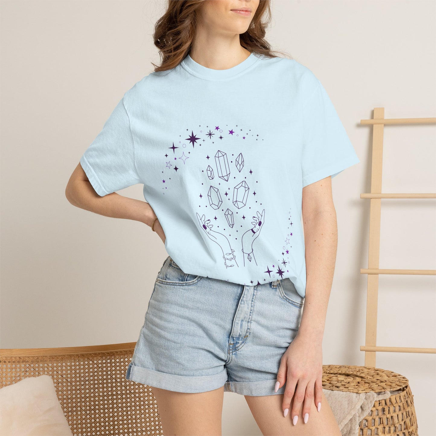 Crystal Reading T-Shirt — Mystical Hands, Floating Crystals & Stars Tee