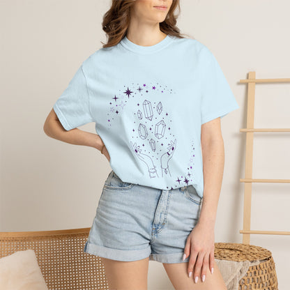 Crystal Reading T-Shirt — Mystical Hands, Floating Crystals & Stars Tee