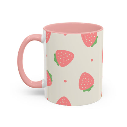 Strawberry Pattern Accent Coffee Mug — Cute Pink Fruit Ceramic Mug (11/15oz)