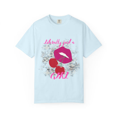 Graphic T-Shirt — "Literally Just a Girl" Pink Lips & Cherries Tee