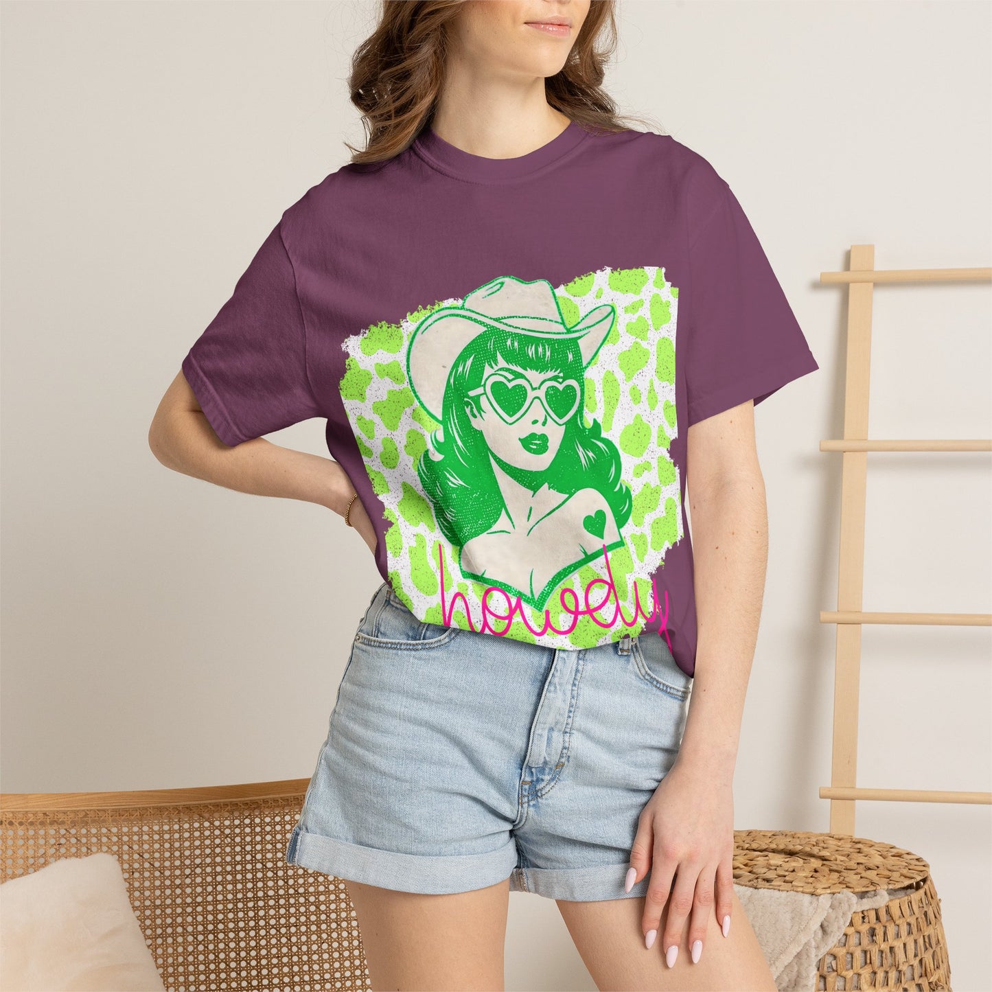 Howdy Cowgirl Graphic T-Shirt — Retro Neon Green Leopard Print with “howdy” Script