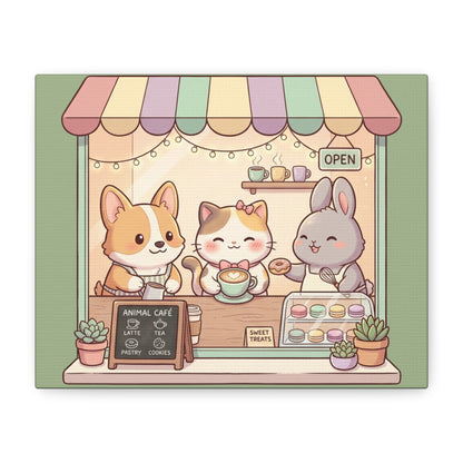 Cute Animal Cafe Canvas Wall Art – Kawaii Cat, Corgi & Bunny Coffee Shop Print