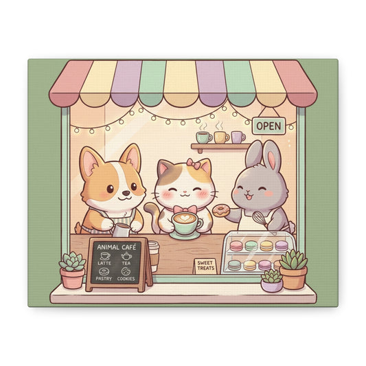 Cute Animal Cafe Canvas Wall Art – Kawaii Cat, Corgi & Bunny Coffee Shop Print