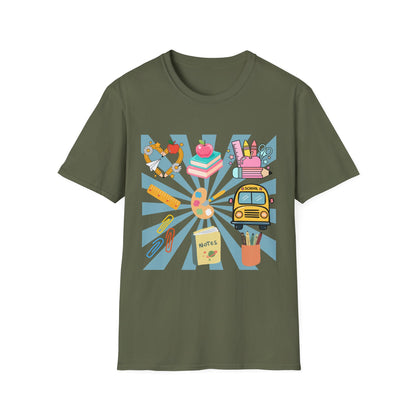 Back to School Graphic T-Shirt — Colorful School Icons (Apple, Bus, Books)