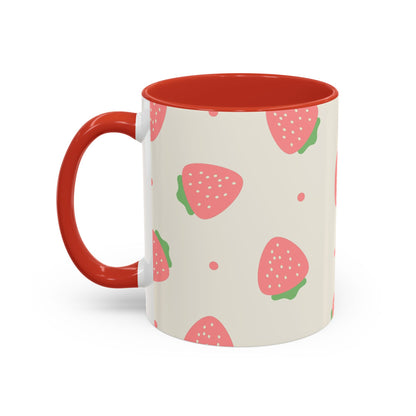 Strawberry Pattern Accent Coffee Mug — Cute Pink Fruit Ceramic Mug (11/15oz)