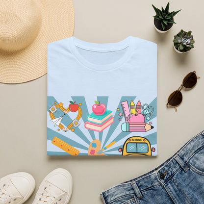 Back to School Graphic T-Shirt — Colorful School Icons (Apple, Bus, Books)