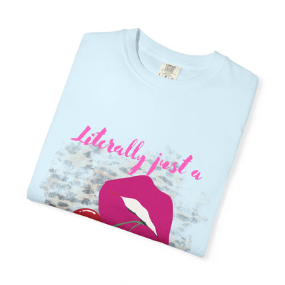 Graphic T-Shirt — "Literally Just a Girl" Pink Lips & Cherries Tee