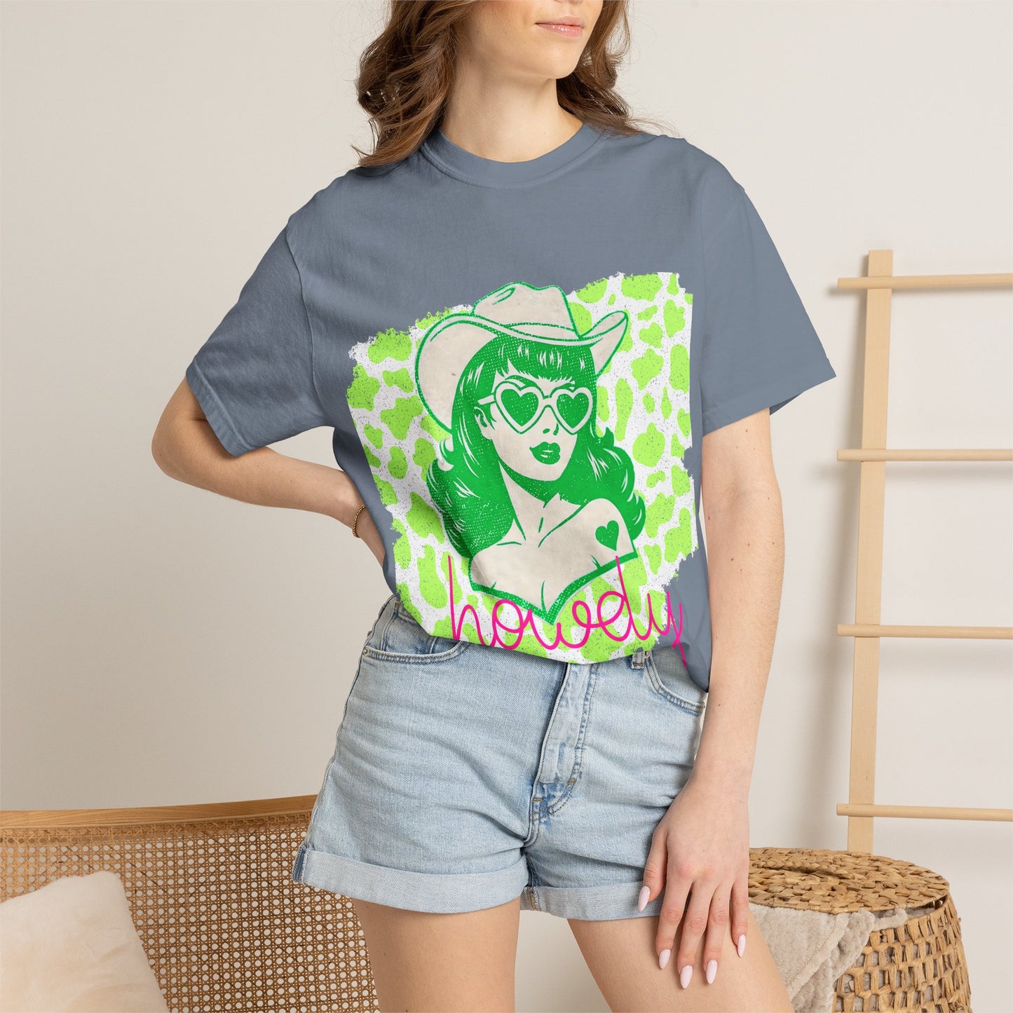 Howdy Cowgirl Graphic T-Shirt — Retro Neon Green Leopard Print with “howdy” Script