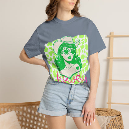 Howdy Cowgirl Graphic T-Shirt — Retro Neon Green Leopard Print with “howdy” Script