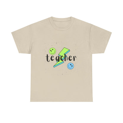 Teacher Lightning Bolt T‑Shirt — Cute Smiley Faces Teacher Tee (Back Plain)