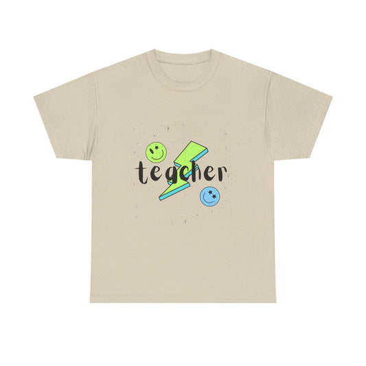 Teacher Lightning Bolt T‑Shirt — Cute Smiley Faces Teacher Tee (Back Plain)