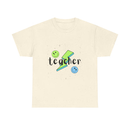 Teacher Lightning Bolt T‑Shirt — Cute Smiley Faces Teacher Tee (Back Plain)
