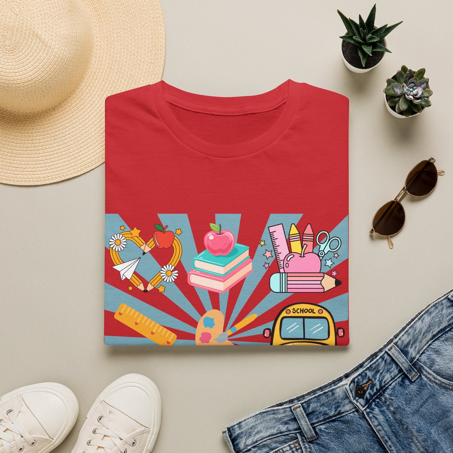 Back to School Graphic T-Shirt — Colorful School Icons (Apple, Bus, Books)