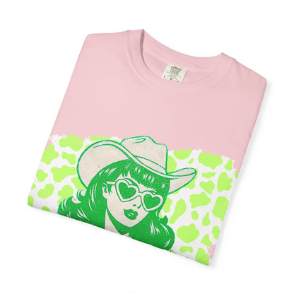 Howdy Cowgirl Graphic T-Shirt — Retro Neon Green Leopard Print with “howdy” Script