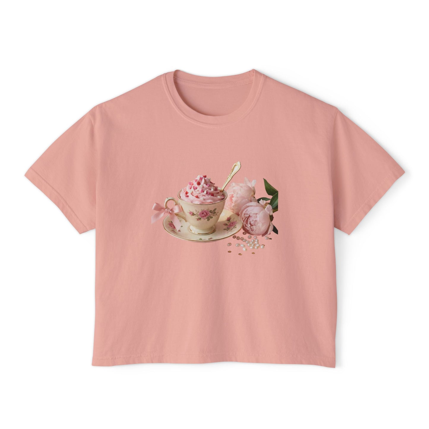 Vintage Teacup & Roses Boxy Tee — Floral Tea Party Graphic Shirt