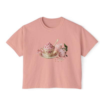 Vintage Teacup & Roses Boxy Tee — Floral Tea Party Graphic Shirt