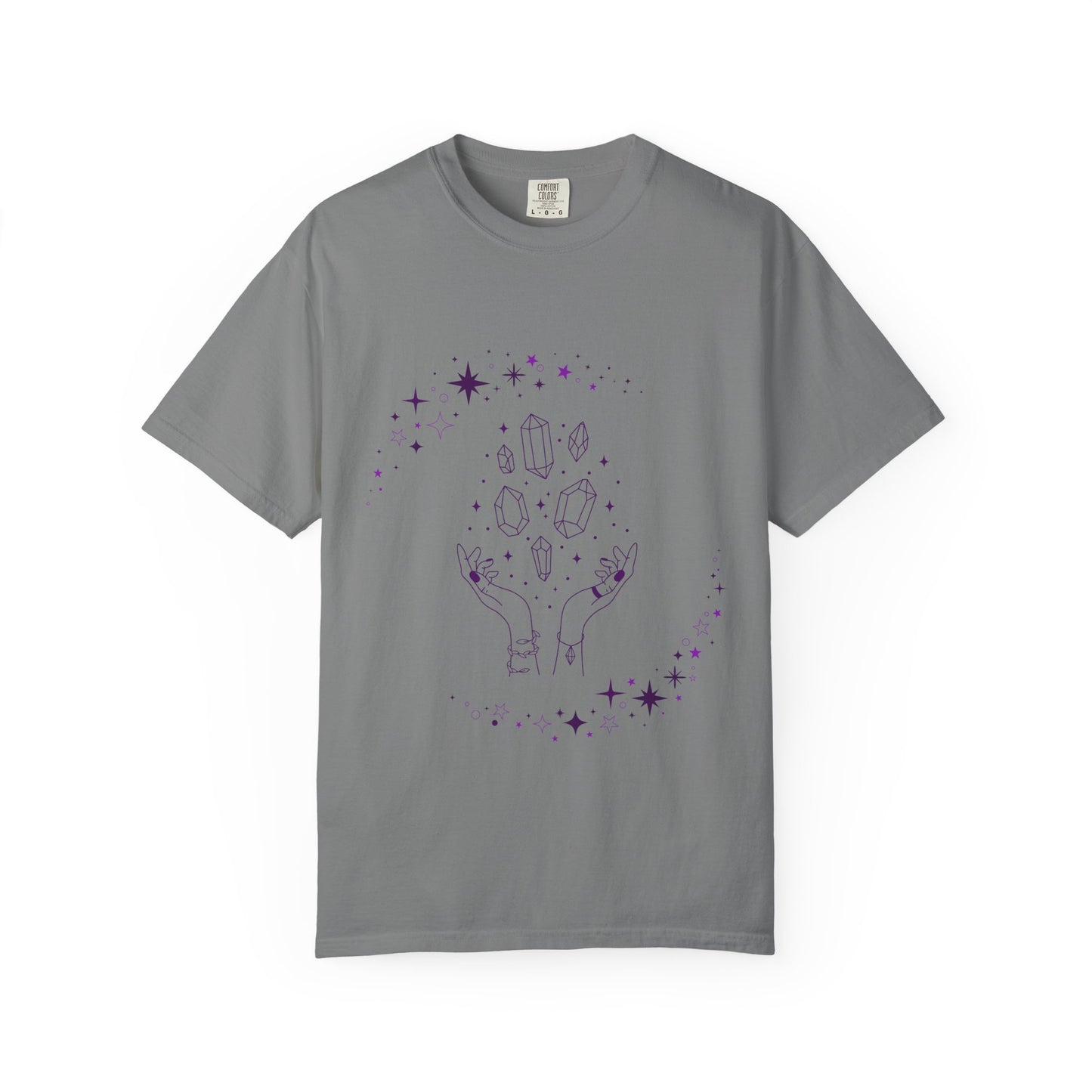 Crystal Reading T-Shirt — Mystical Hands, Floating Crystals & Stars Tee