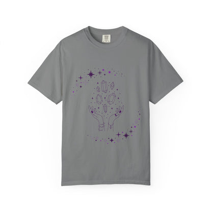 Crystal Reading T-Shirt — Mystical Hands, Floating Crystals & Stars Tee