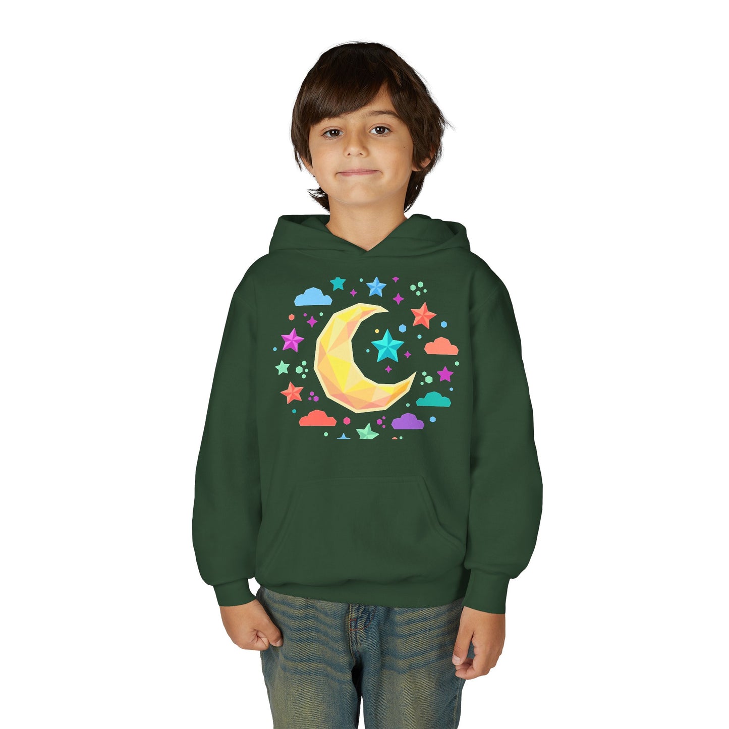 Kids Moon & Stars Hoodie — Colorful Crescent Night Sky Pullover