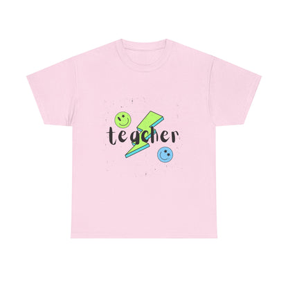 Teacher Lightning Bolt T‑Shirt — Cute Smiley Faces Teacher Tee (Back Plain)