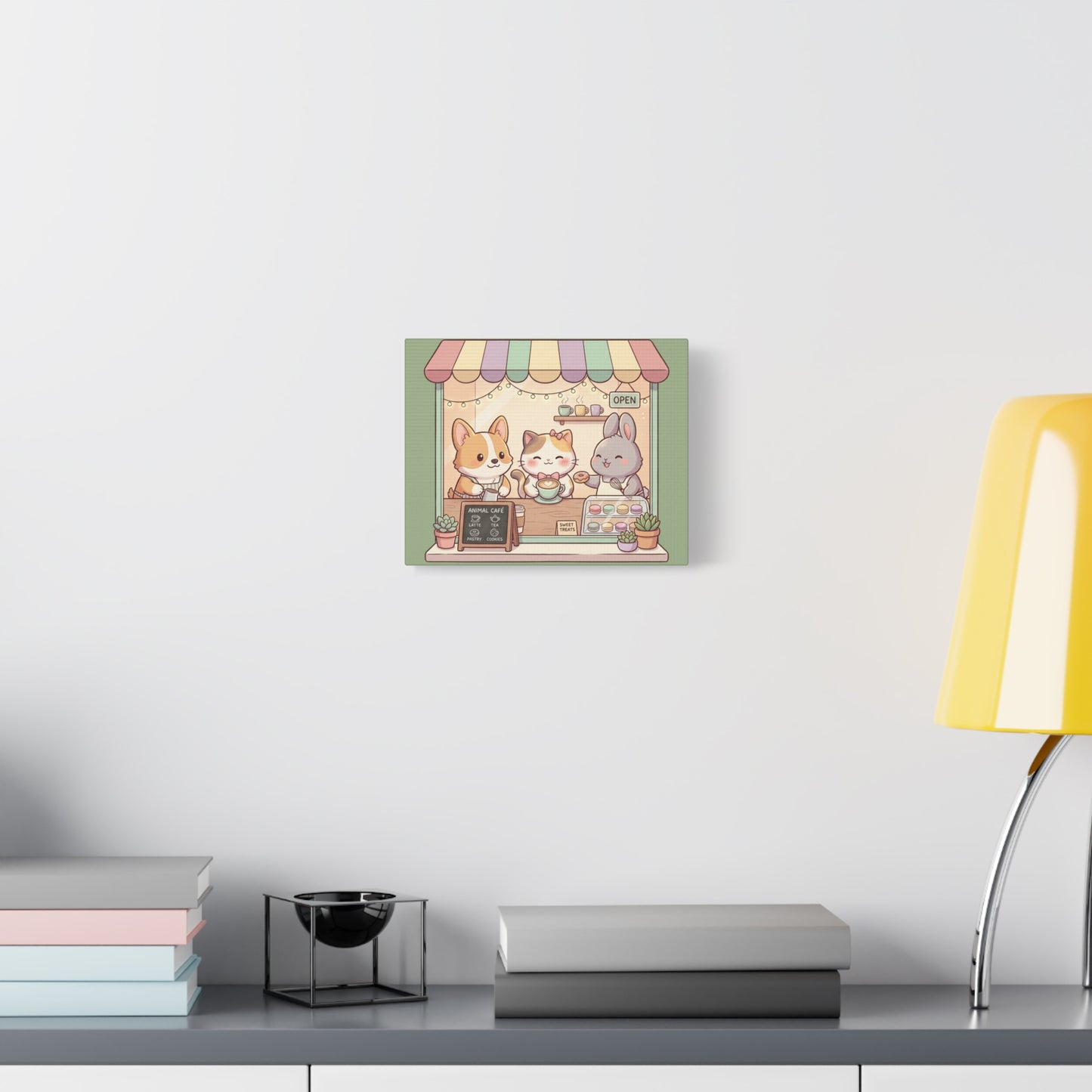 Cute Animal Cafe Canvas Wall Art – Kawaii Cat, Corgi & Bunny Coffee Shop Print