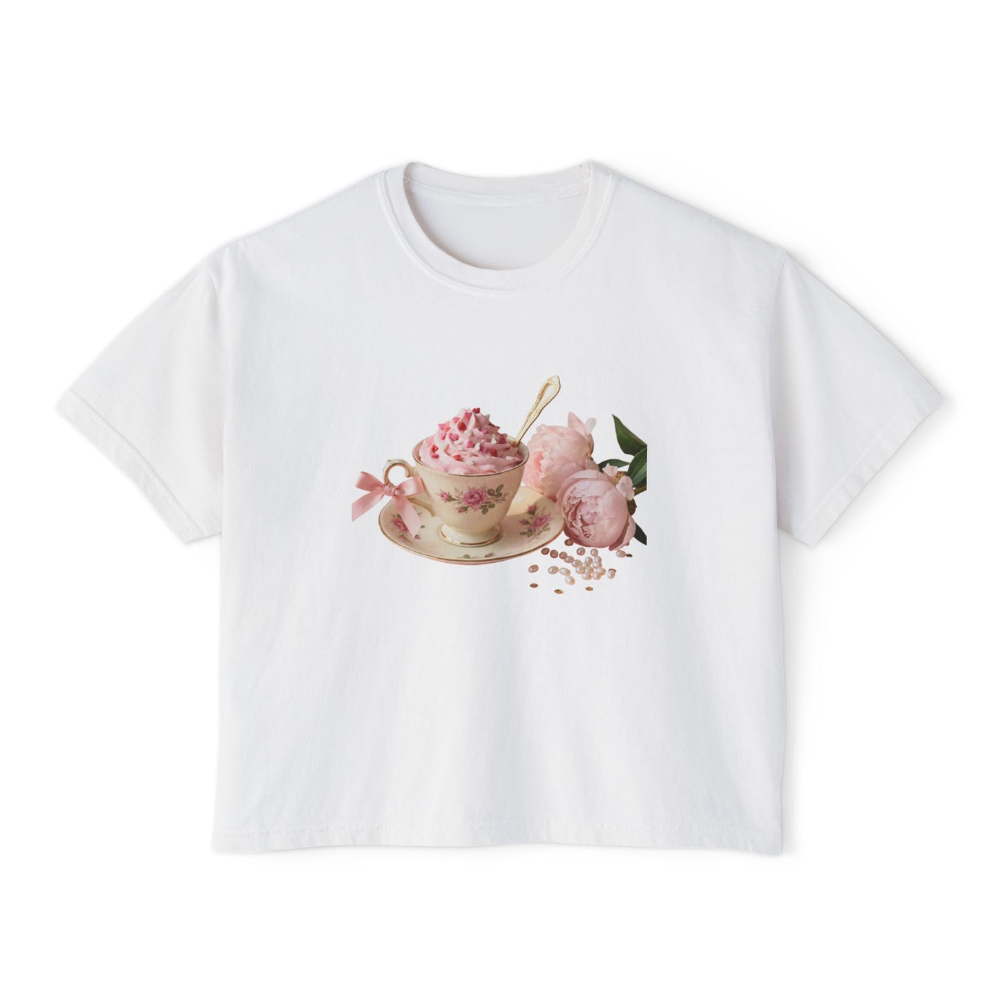 Vintage Teacup & Roses Boxy Tee — Floral Tea Party Graphic Shirt
