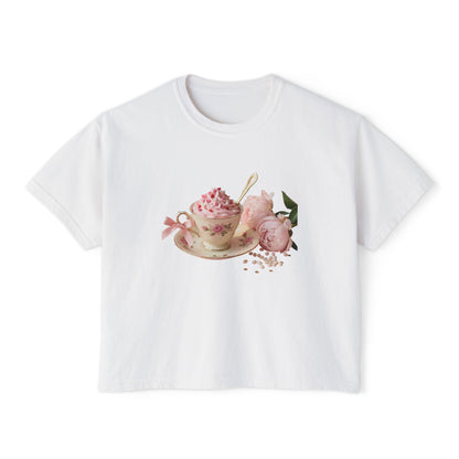 Vintage Teacup & Roses Boxy Tee — Floral Tea Party Graphic Shirt