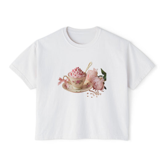 Vintage Teacup & Roses Boxy Tee — Floral Tea Party Graphic Shirt